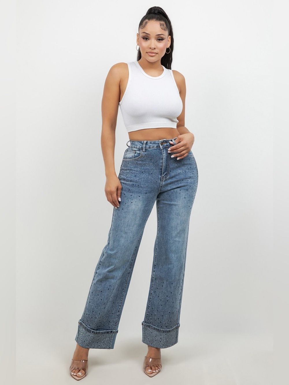 LA Girl Jeans DARK WASH RHINESTONE WIDE LEG CUFFED JEANS
